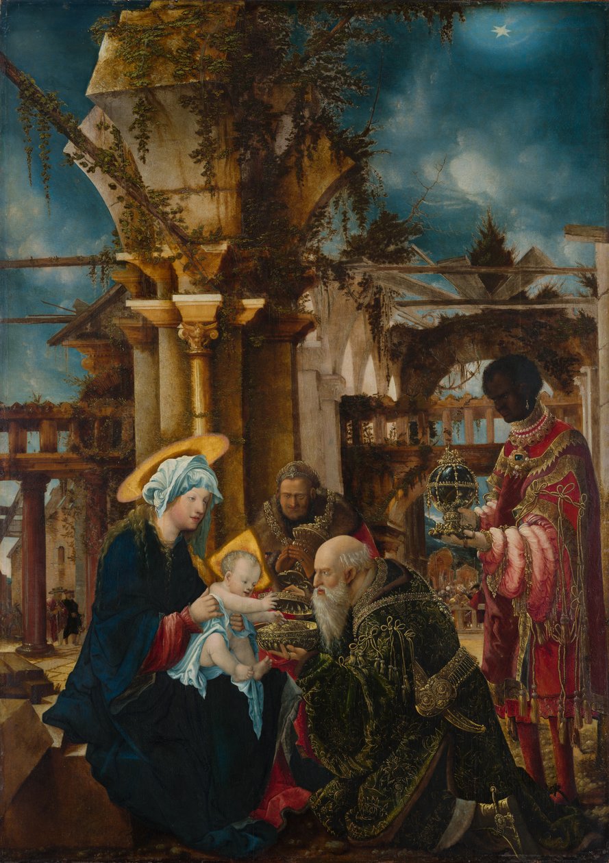 Pokłon Trzech Króli, ok. 1530-35 (technika mieszana na drewnie lipowym) autorstwa Albrecht Altdorfer