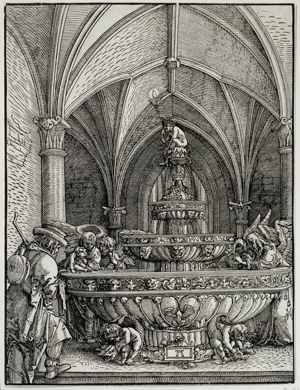 Święta Rodzina ma fontannę. Rycina autorstwa Niemca Albrechta Altdorfera (1480-1538). Muzeum Luwru autorstwa Albrecht Altdorfer