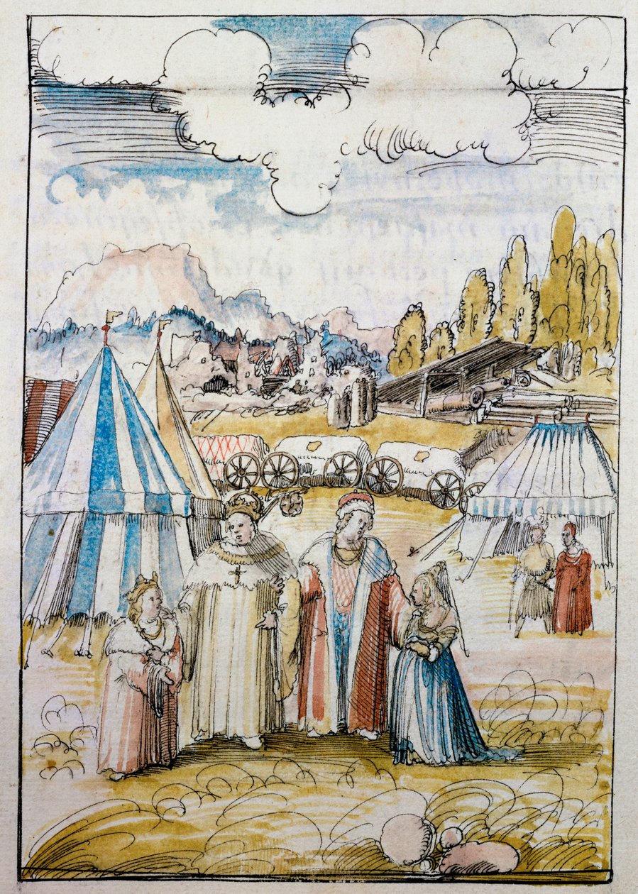 Przyszły cesarz Maksymilian I, prowadzony przez swojego ojca Fryderyka III, spotyka się ze swoją narzeczoną, Marią Burgundzką, w Neuss ... autorstwa Albrecht Altdorfer