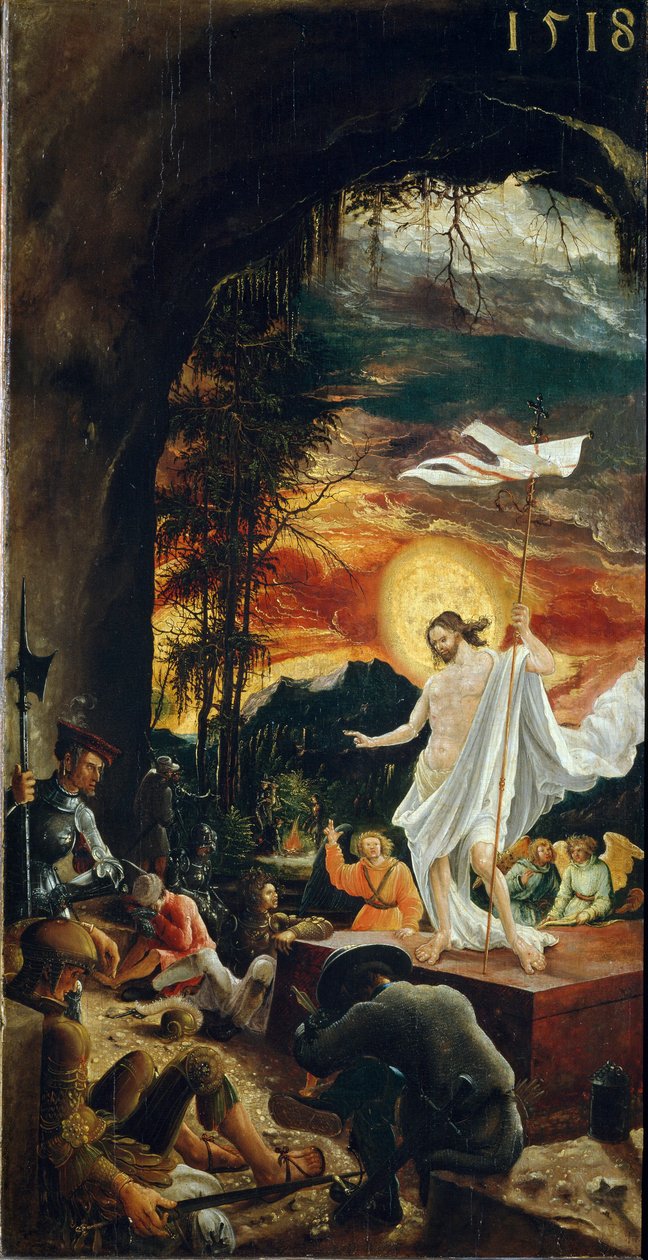 Zmartwychwstanie Chrystusa Trzyma krzyżyk, na końcu którego unosi się biała flaga (standard). Obraz Albrechta Altdorfera (ok. 1480-1538) 1518 wym. 70x37 cm Wiedeńskie Muzeum Historii Sztuki autorstwa Albrecht Altdorfer