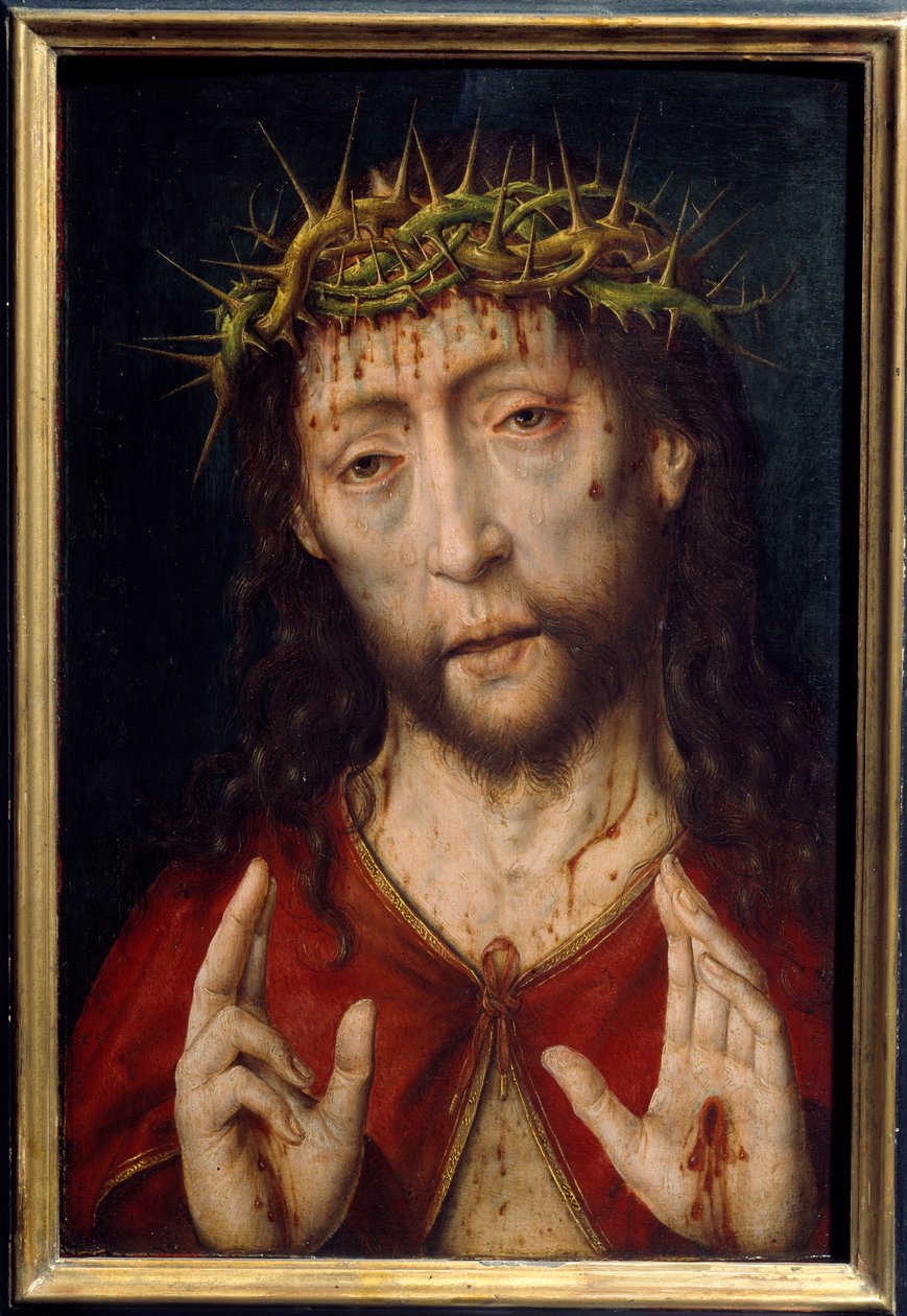 Chrystus bólu. Oblicze Chrystusa we krwi ranione koroną cierniową ze znamionami na dłoniach. Obraz Albrechta Boutsa (v.1455-1549) Ec. Hol. autorstwa Albrecht Bouts