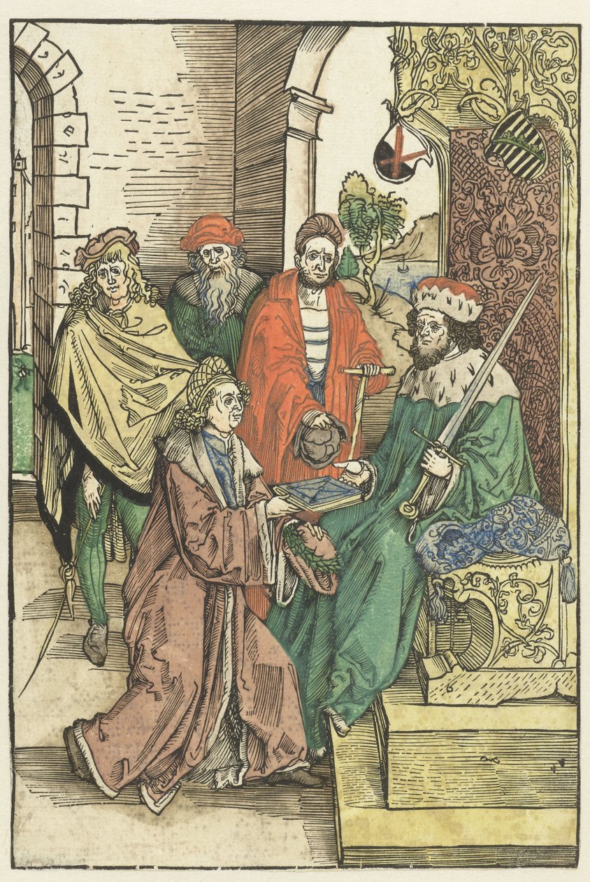 Conrad Celtis ofiarowuje Fryderykowi III Mądremu, elektorowi saskiemu, księgę dzieła Roswithy van Gandersheim autorstwa Albrecht Dürer (attributed to)