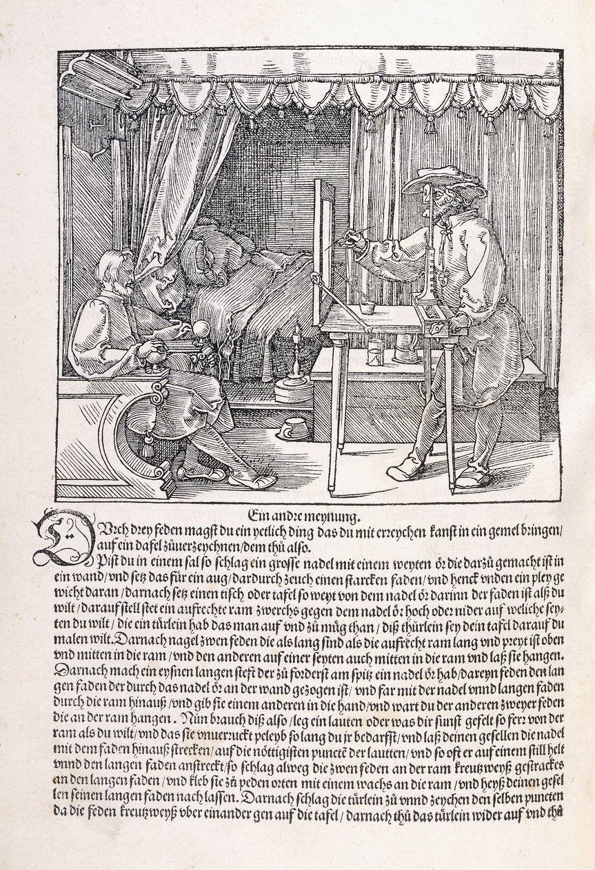 Rysownik rysujący portret za pomocą ramki rysunkowej, 1525 autorstwa Albrecht Dürer