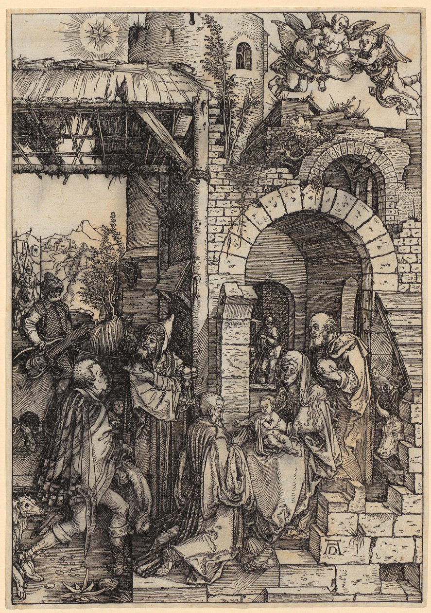 Pokłon Trzech Króli, arkusz 12 z cyklu „Życie Maryi” autorstwa Albrecht Dürer