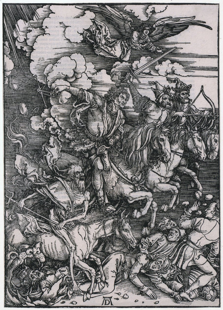 Jeźdźcy Apokalipsy, postać III, arkusz 5 z cyklu „Apokalipsa” autorstwa Albrecht Dürer