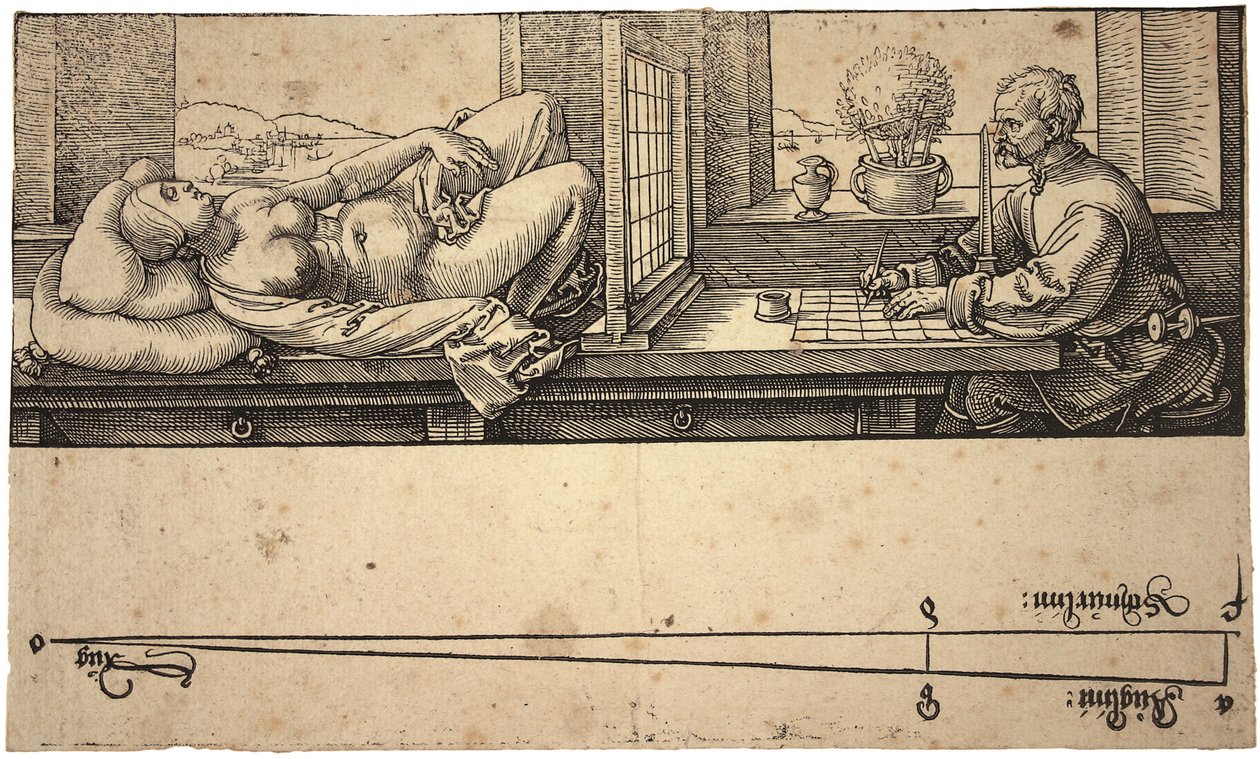 Artysta rysujący akt z urządzeniem perspektywicznym, 1538 autorstwa Albrecht Dürer