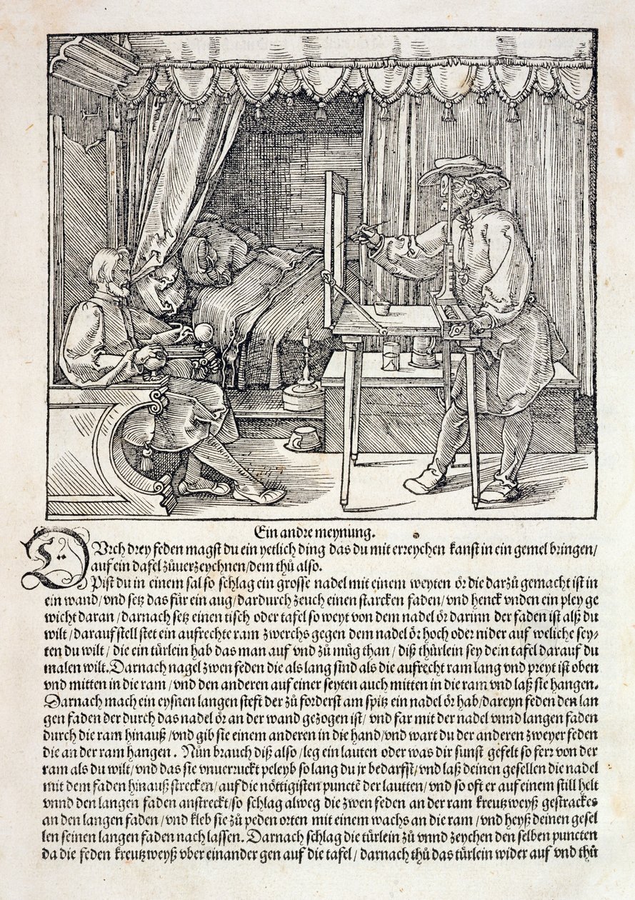 Artysta używający maszyny kreślarskiej Durera do malowania postaci, z „Kursu sztuki rysowania” Albrechta Durera, opublikowany Norymberga 1525 (patrz także 310983) autorstwa Albrecht Dürer
