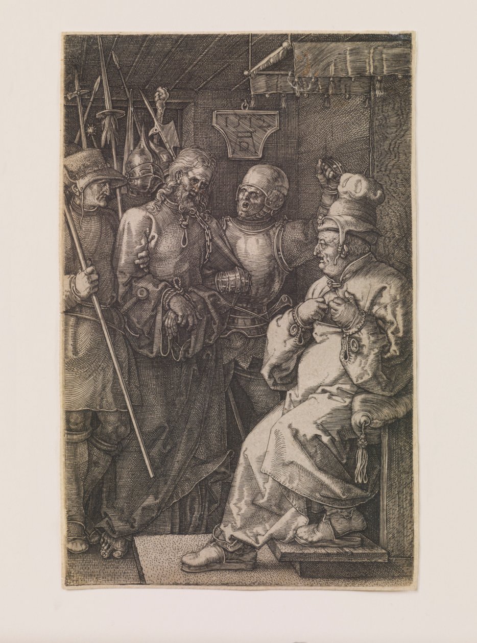 Chrystus przed Kajfaszem, z cyklu „Pasja wyryta” autorstwa Albrecht Dürer
