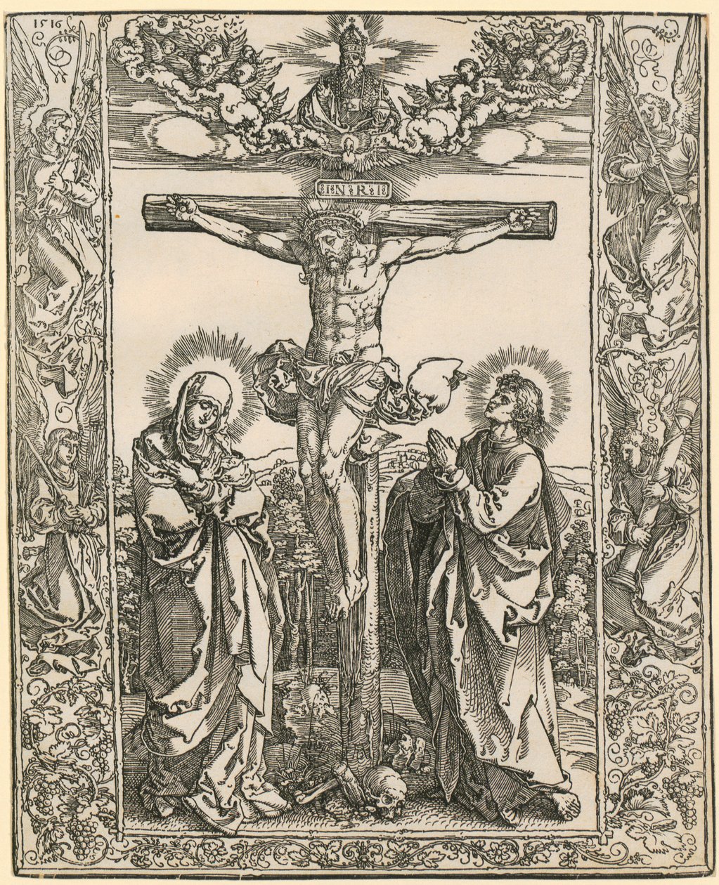 Chrystus na krzyżu z ramką z aniołami autorstwa Albrecht Dürer