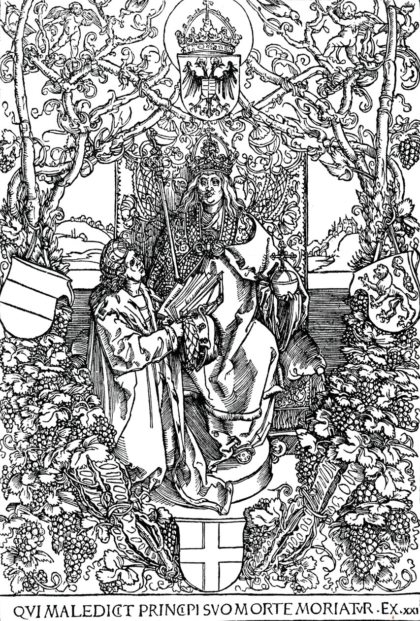 Conrad Celtes przedstawia swoją książkę „Cztery księgi miłości” Maksymilianowi I, 1502 1906 autorstwa Albrecht Dürer