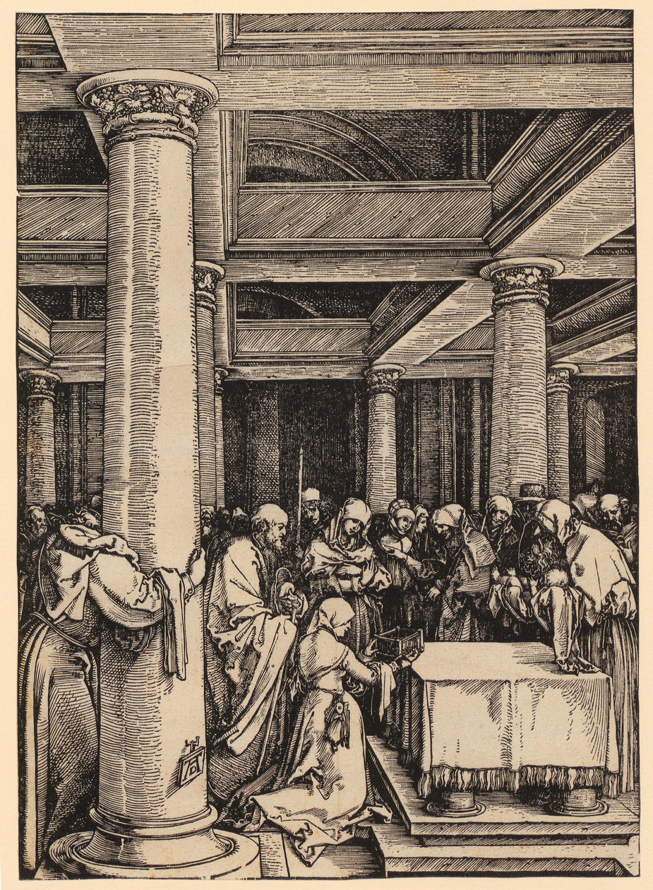 Ilustracja w świątyni, arkusz 13 z cyklu „Życie Maryi” autorstwa Albrecht Dürer
