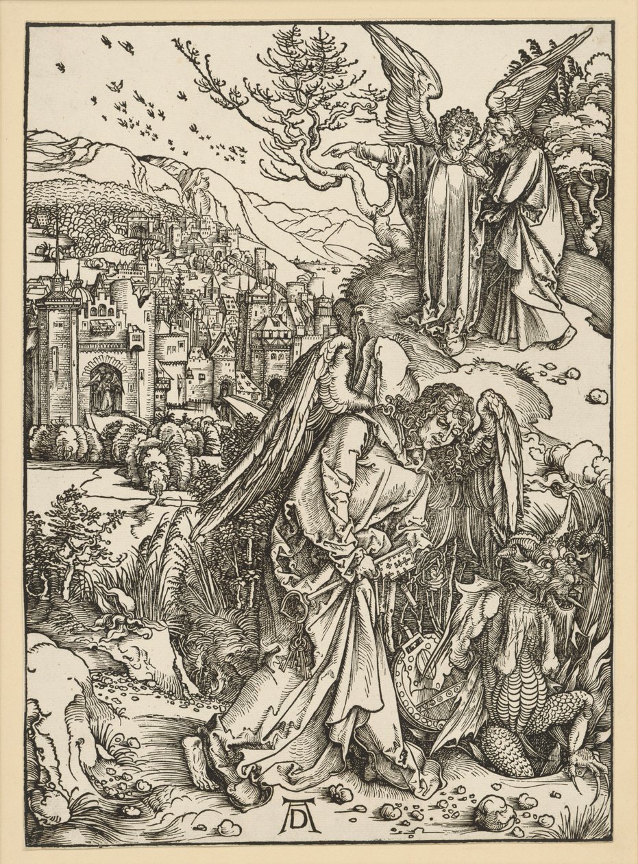 Anioł strąca smoka w otchłań i zamyka go w niej (Apokalipsa) autorstwa Albrecht Dürer