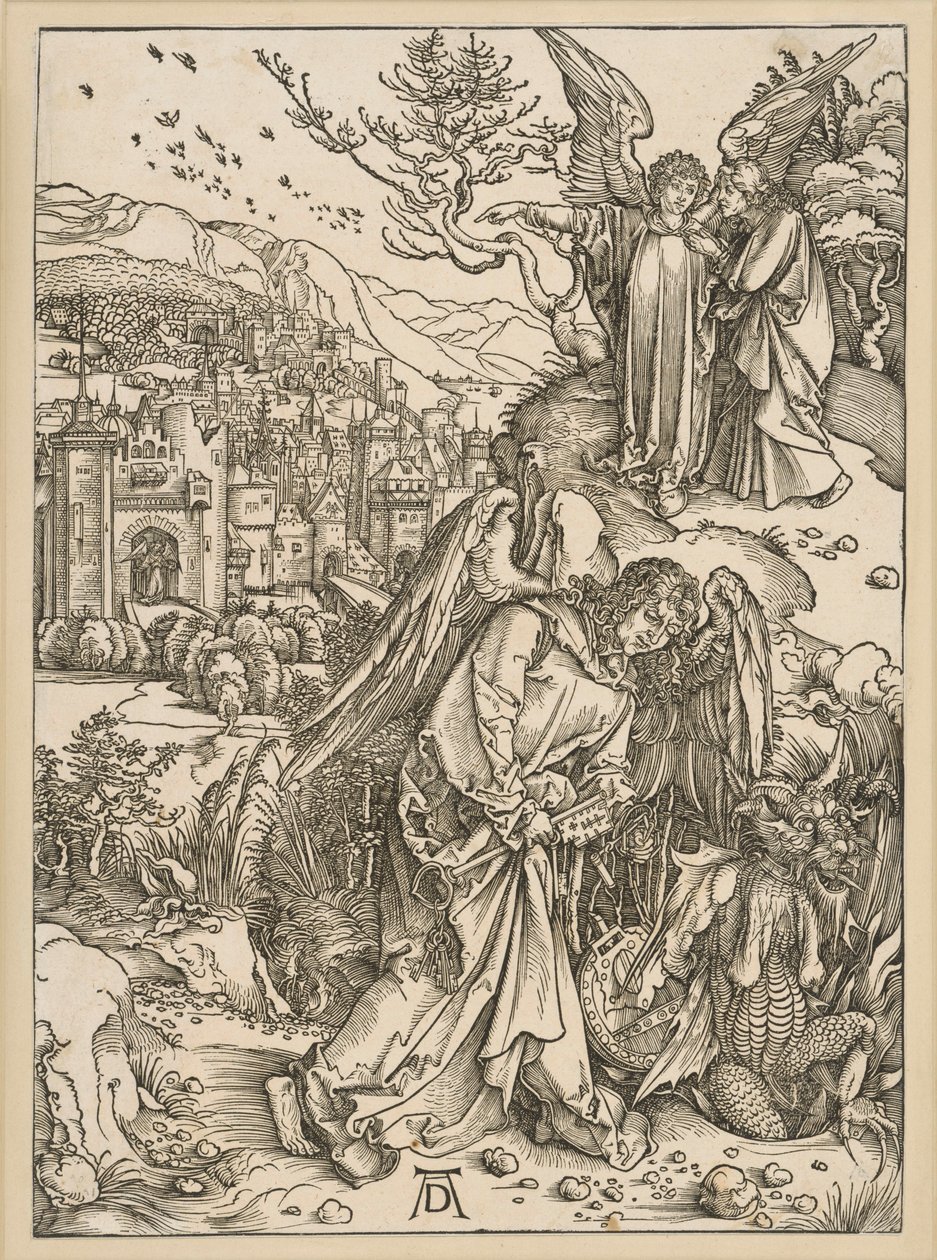 Anioł strąca smoka do otchłani i zamyka go w niej (Apokalipsa) autorstwa Albrecht Dürer
