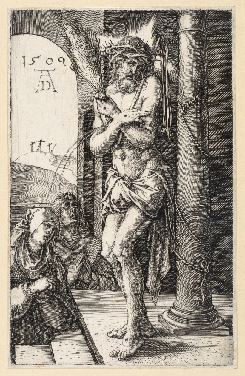 Mąż Boleści przy kolumnie biczowania (Pasja miedziorytnicza) autorstwa Albrecht Dürer