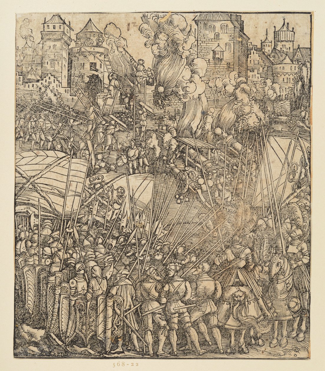 Łuk triumfalny cesarza Maksymiliana I (fragment 24b): Scena bitwy w lewym górnym rogu autorstwa Albrecht Dürer