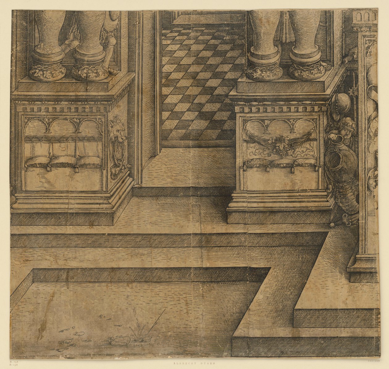 Łuk triumfalny cesarza Maksymiliana I (10): Cokoły lewego portalu autorstwa Albrecht Dürer