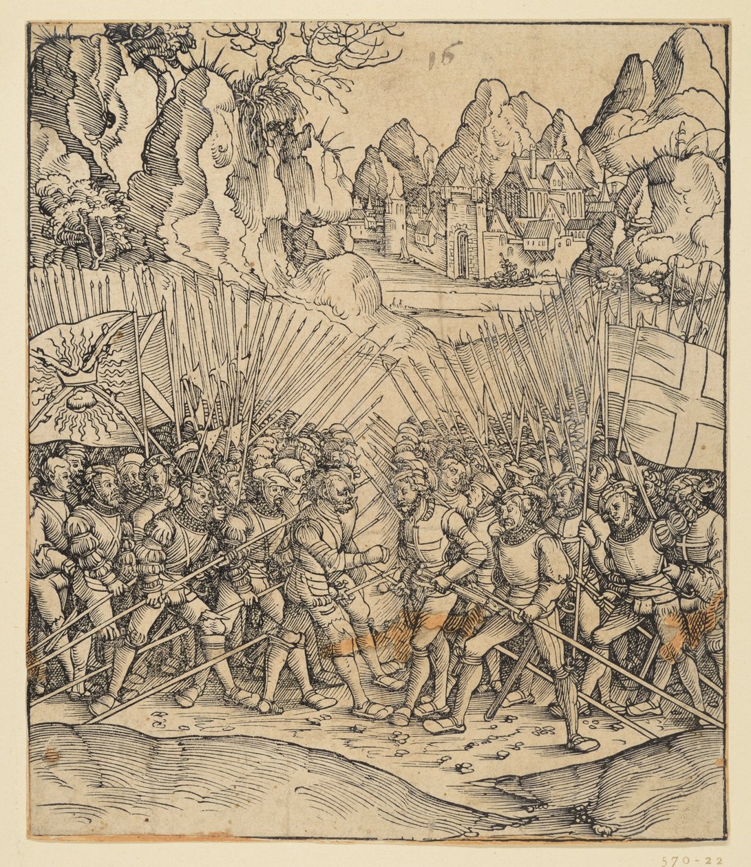 Łuk triumfalny cesarza Maksymiliana I (fragment z 24b): Scena bitwy w lewym dolnym rogu autorstwa Albrecht Dürer