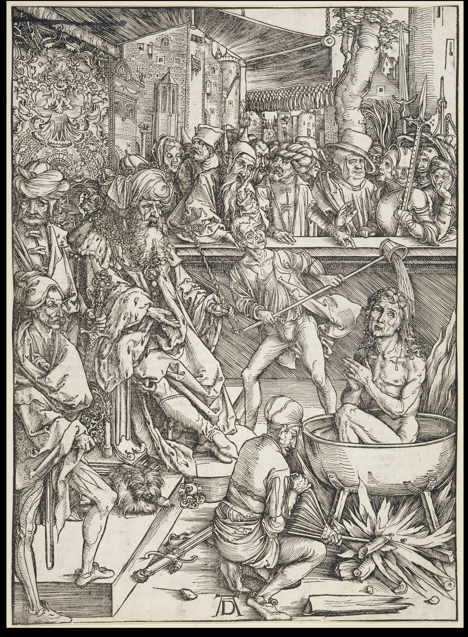 Męczeństwo świętego Jana Ewangelisty, z cyklu Apokalipsa, pierwsze wydanie niemieckie 1498 autorstwa Albrecht Dürer