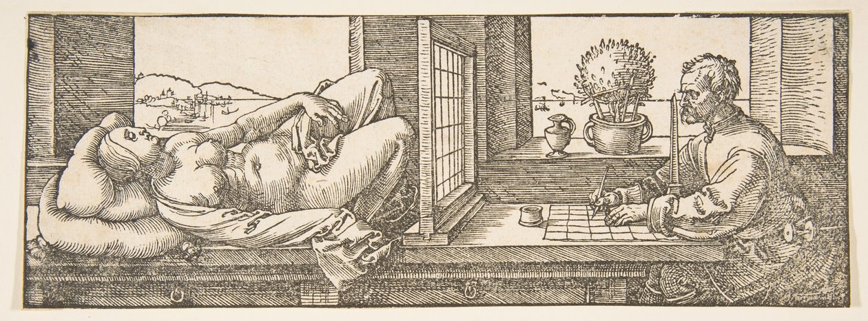 Rysownik tworzący rysunek perspektywiczny leżącej kobiety, ca. 1600. autorstwa Albrecht Dürer