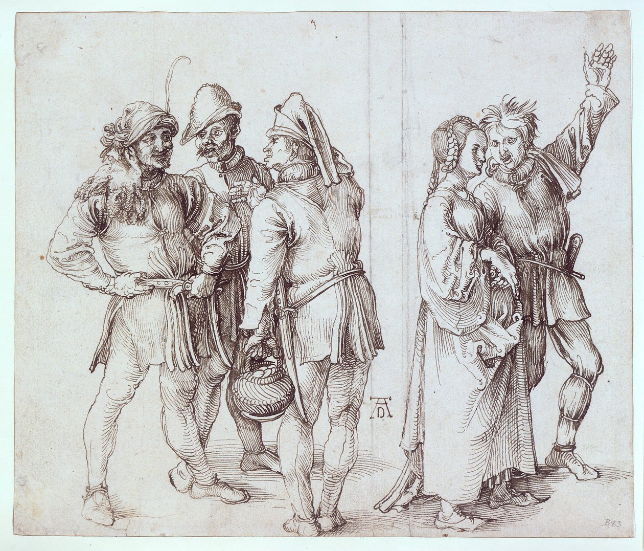 Trzech chłopów na targu i para chłopska autorstwa Albrecht Dürer
