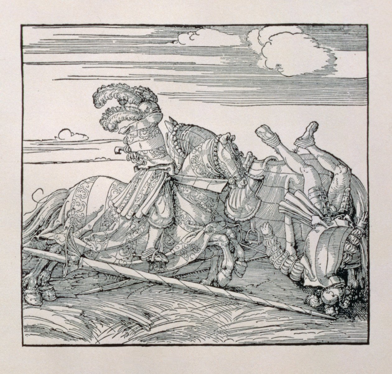 Cesarz Niemiec Maksymilian I (1459-1519) usuwa przeciwnika w pojedynku, z niepublikowanej księgi gloryfikującej rycerskie czyny cesarza, ok. 1515 autorstwa Albrecht Dürer