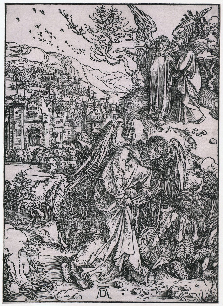 Anioł z kluczem do otchłani, XIV postać, arkusz 16 z cyklu „Apokalipsa” autorstwa Albrecht Dürer