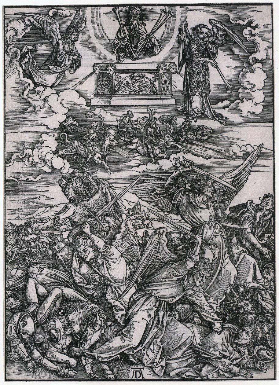 Walka aniołów, postać VII, arkusz 9 z cyklu „Apokalipsa” autorstwa Albrecht Dürer