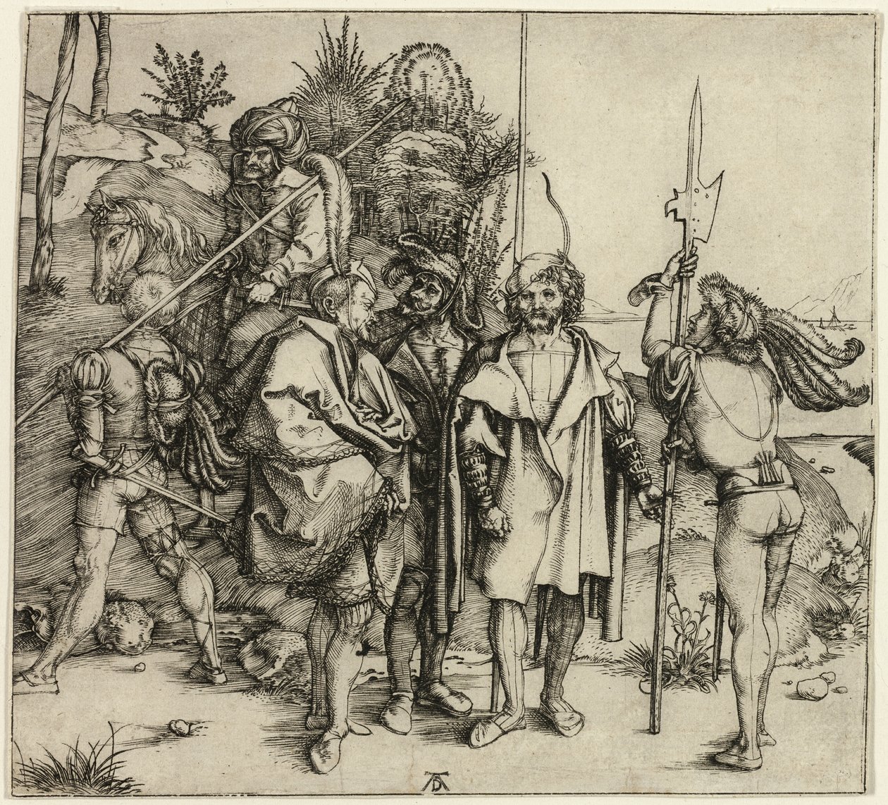 Pięć Landsknechtów i Orient na koniu autorstwa Albrecht Dürer