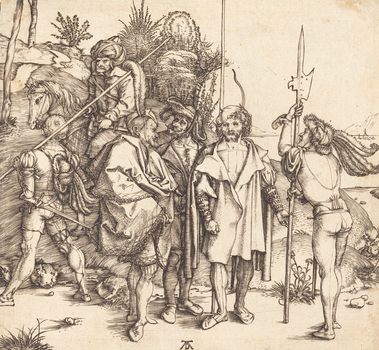 Pięciu żołnierzy i Turk na koniu, 14951496. autorstwa Albrecht Dürer