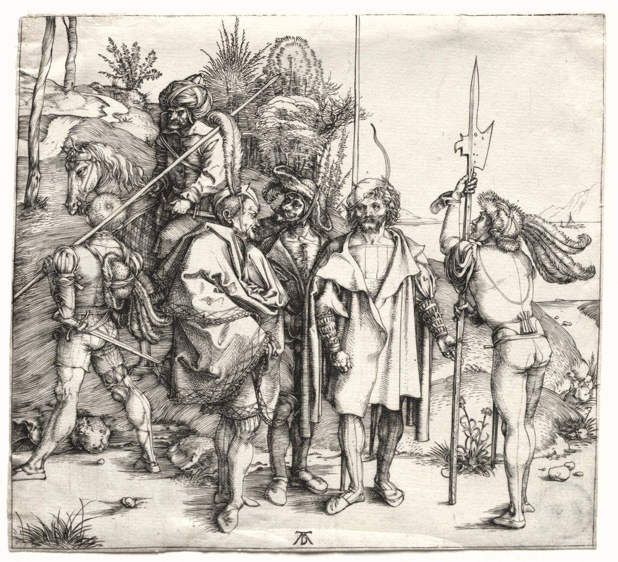 Pięciu żołnierzy i Turk na koniu, prawdopodobnie 1496. autorstwa Albrecht Dürer