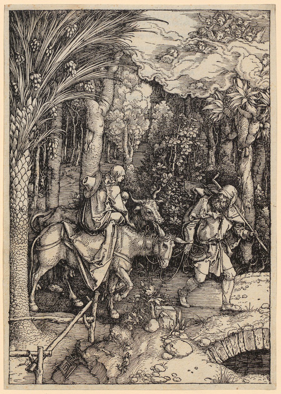 Ucieczka do Egiptu, karta 14 z cyklu „Życie Marii” autorstwa Albrecht Dürer