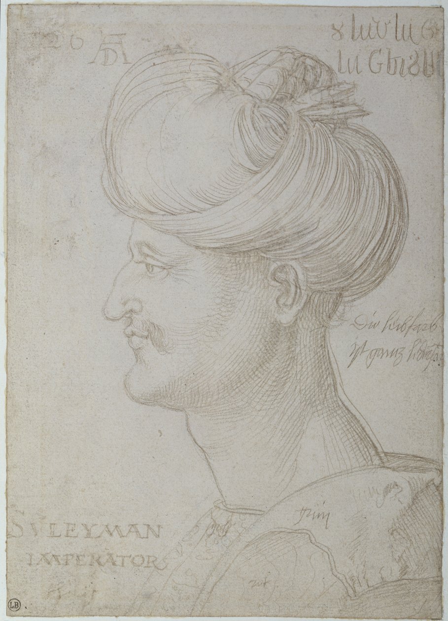 Głowa Sulejmana Wspaniałego (1494-1566) 1526 (srebrny punkt na papierze) autorstwa Albrecht Dürer