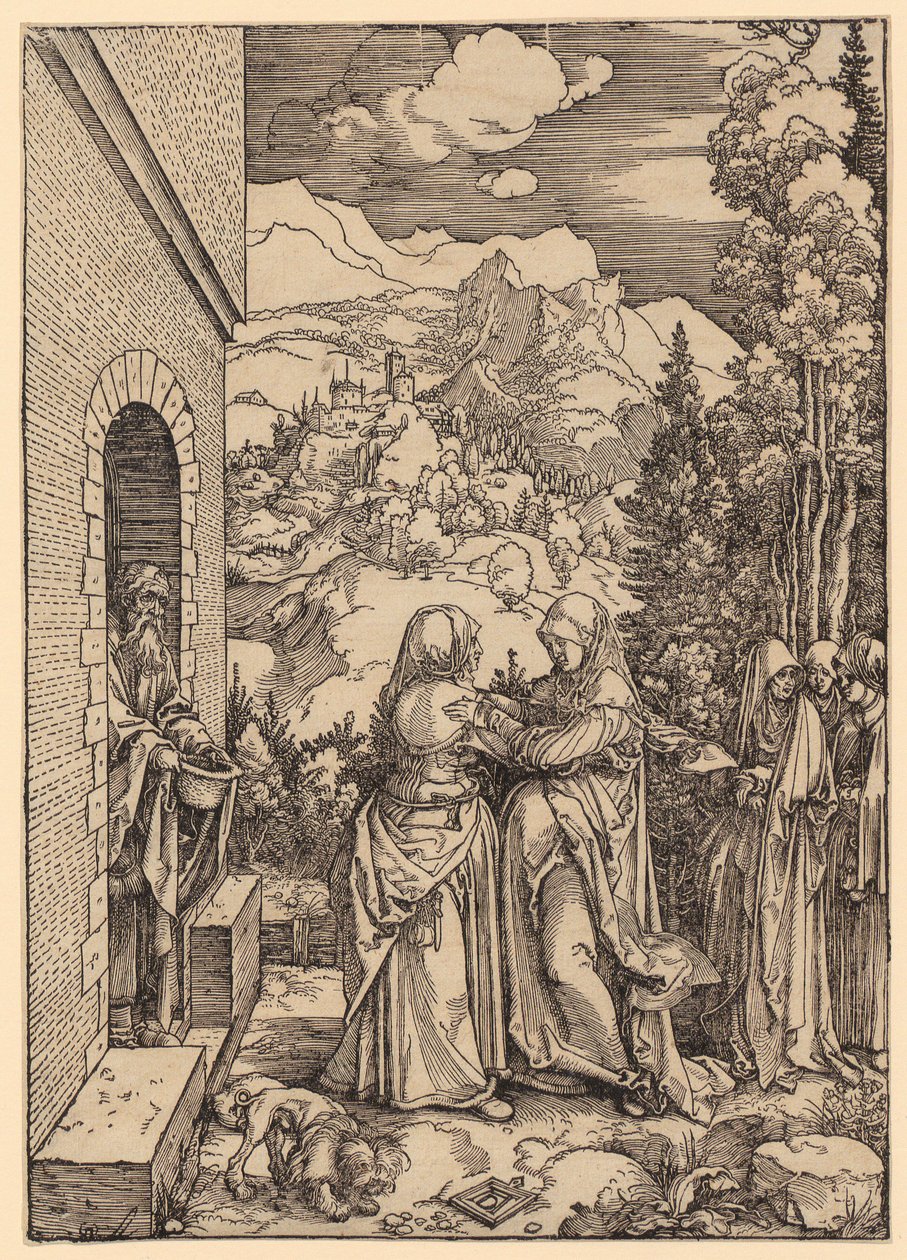 „Nawiedzenie”, strona 9 z cyklu „Życie Maryi” autorstwa Albrecht Dürer