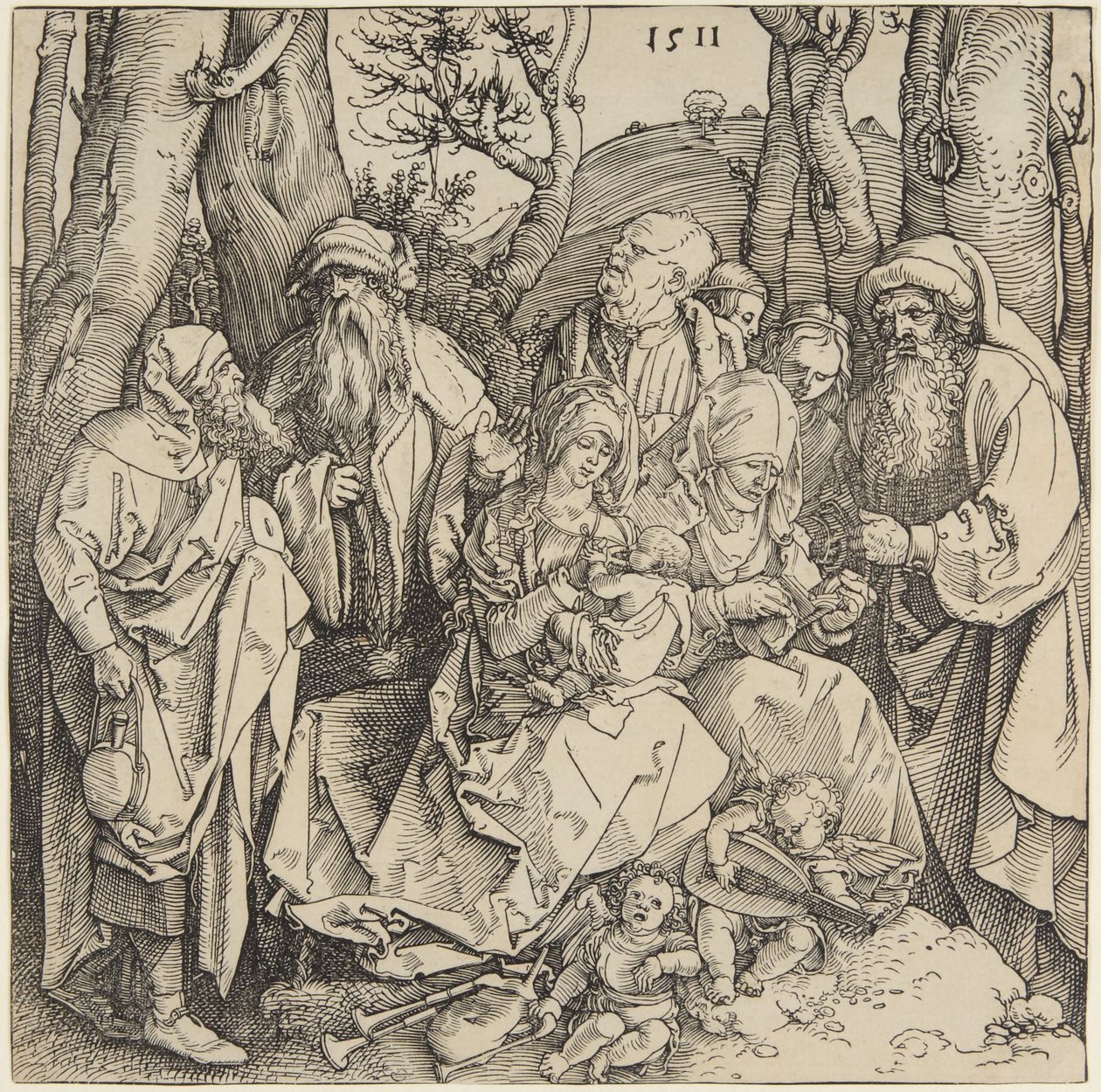 Święte Pokrewieństwo z dwoma aniołami muzykującymi autorstwa Albrecht Dürer