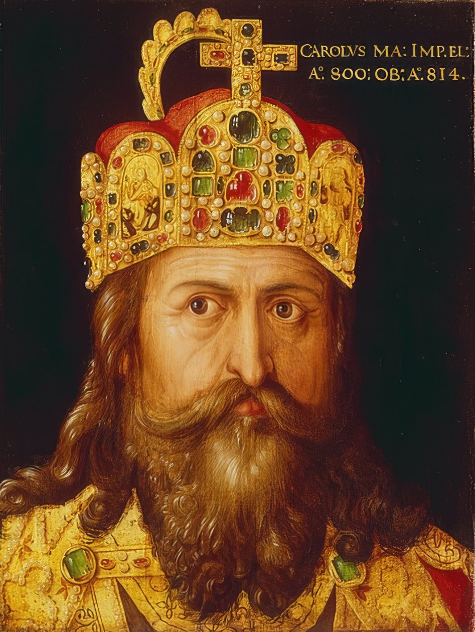 Idealny portret cesarza Karola Wielkiego w stroju koronacyjnym z koroną cesarską. Norymberga, 1517 r. autorstwa Albrecht Dürer
