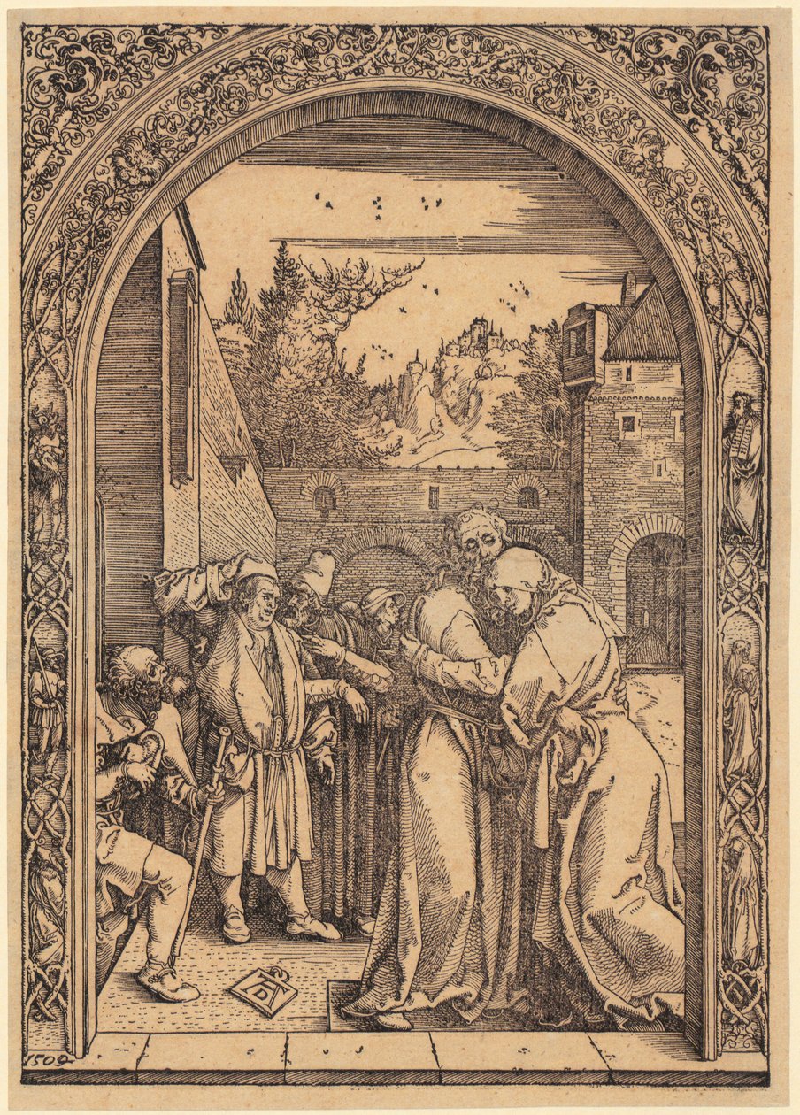 Joachim i Anna pod Złotą Bramą, arkusz 4 z cyklu „Życie Maryi” autorstwa Albrecht Dürer