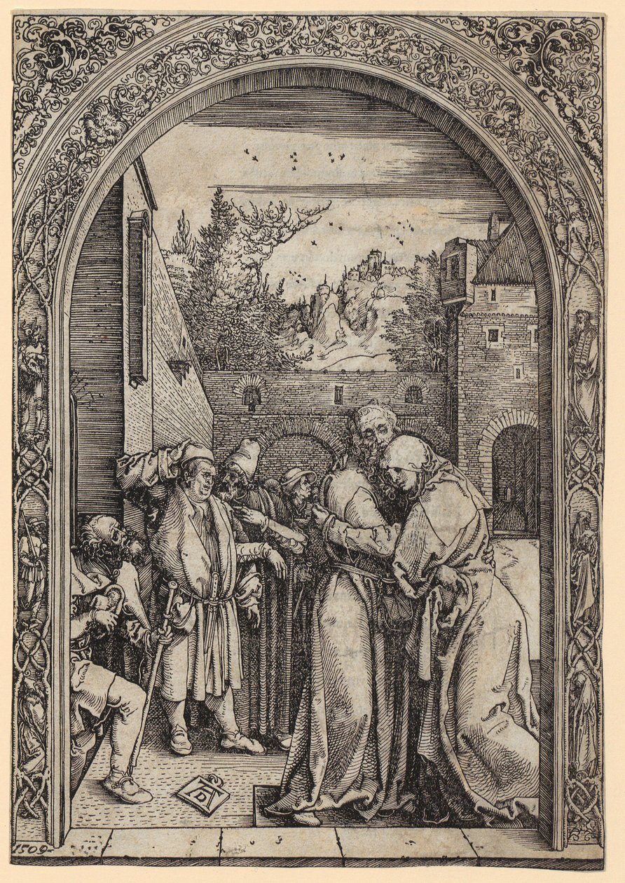 Joachim i Anna pod Złotą Bramą, karta 4 z cyklu „Życie Marii” autorstwa Albrecht Dürer