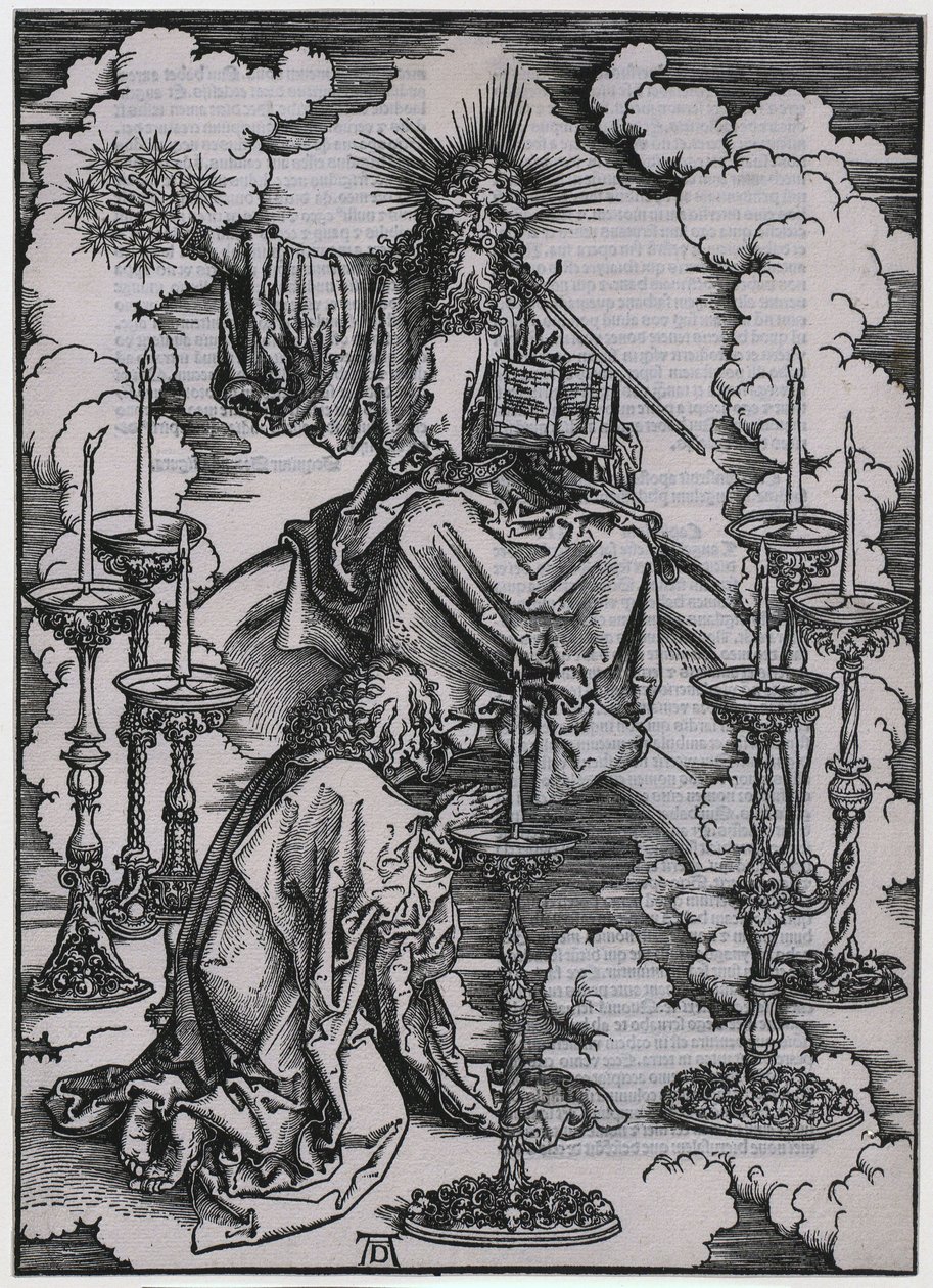 Jan dostrzega siedem świeczników, postać I, arkusz 3 z cyklu „Apokalipsa” autorstwa Albrecht Dürer