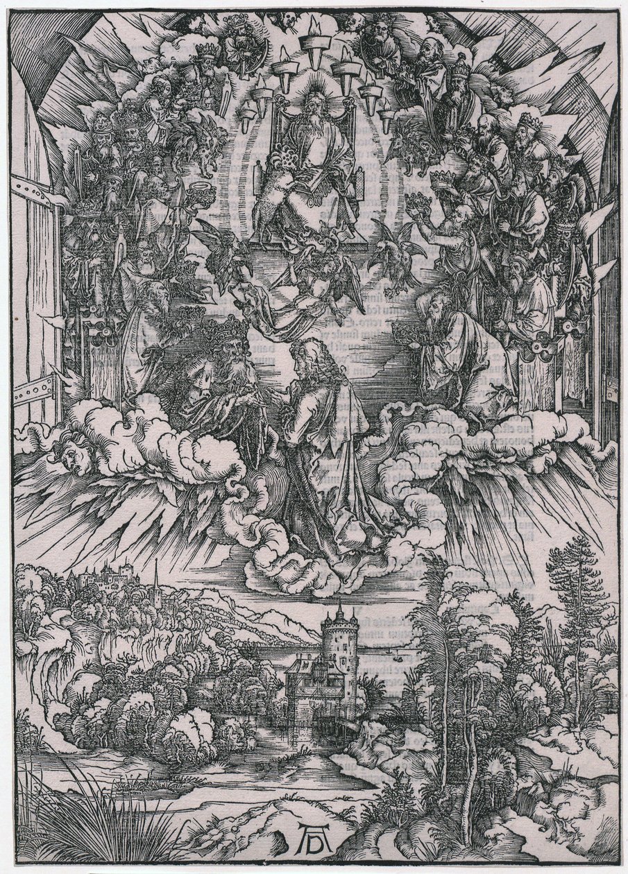 Jan przed Bogiem Ojcem i starszymi, postać II, arkusz 4 z cyklu „Apokalipsa” autorstwa Albrecht Dürer