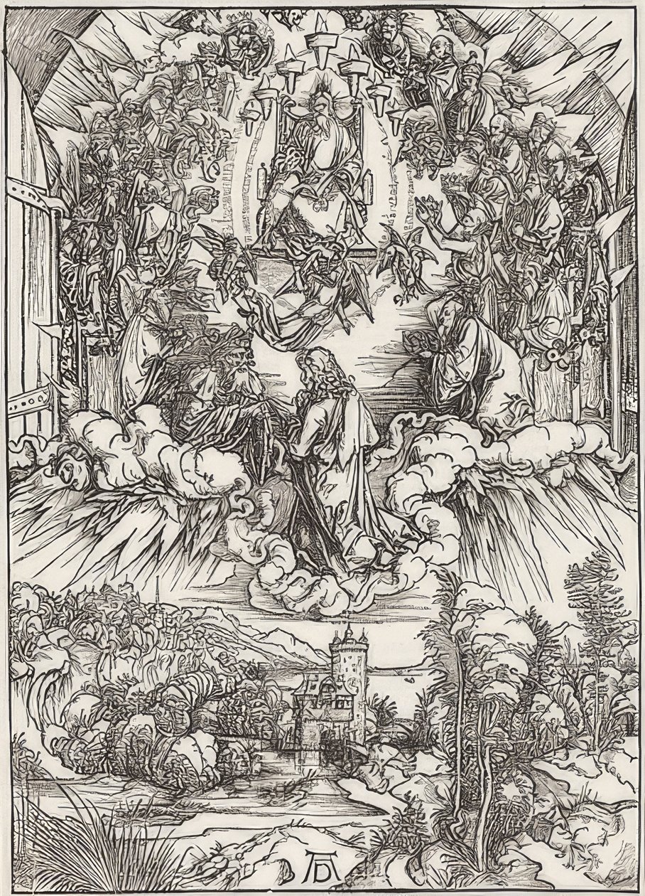 Jana przed Bogiem Ojcem i Starszymi, z epizodu Apokalipsy. 1496 autorstwa Albrecht Dürer