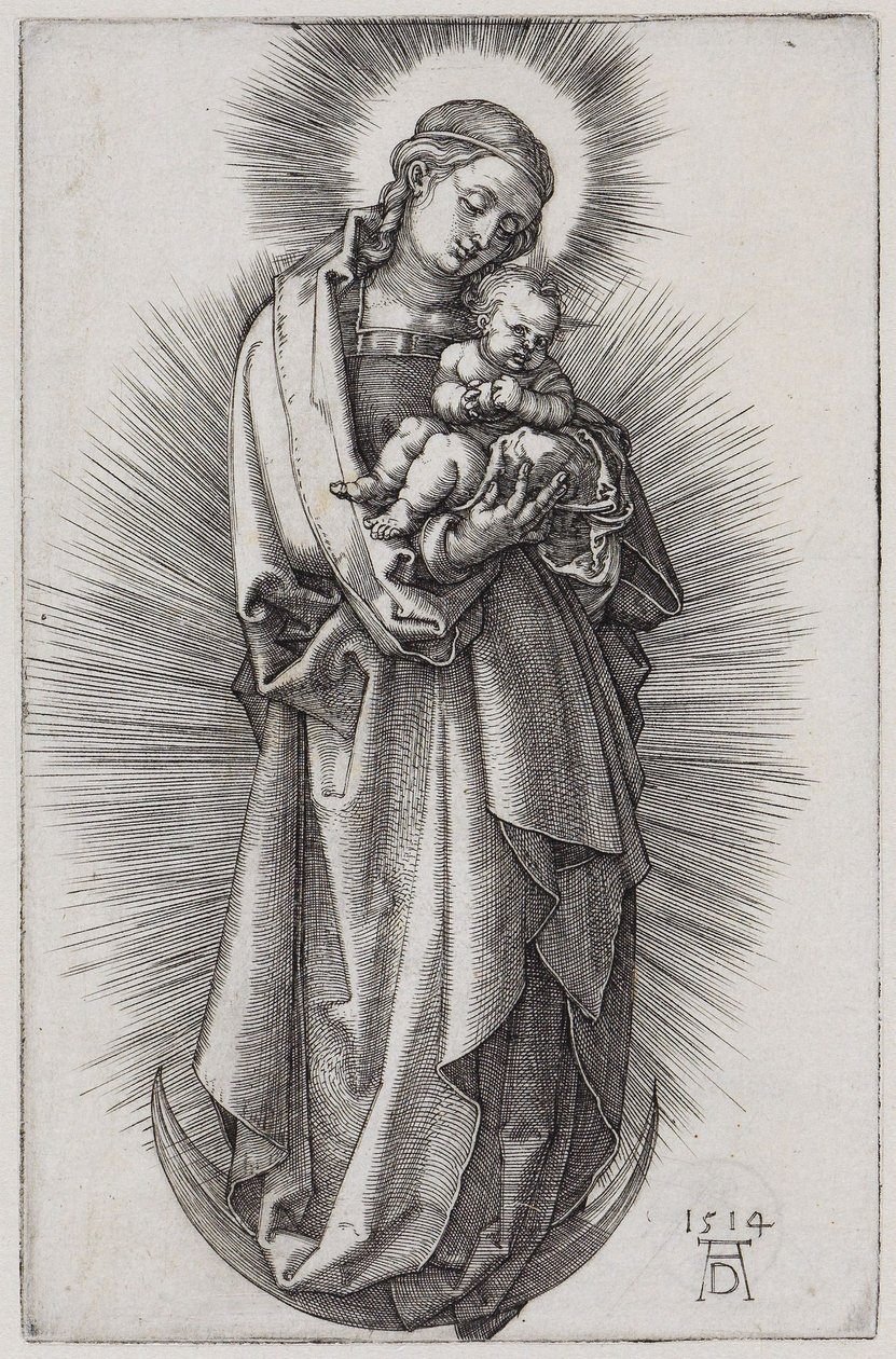 Dziewica z opaską na włosach w promienistej aureoli na sierpie księżyca autorstwa Albrecht Dürer