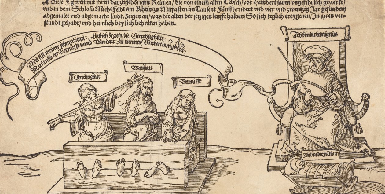 Sprawiedliwość, prawda i rozum w dybach z zasiadającym sędzią i śpiącą pobożnością, prawdopodobnie 1526. autorstwa Albrecht Dürer