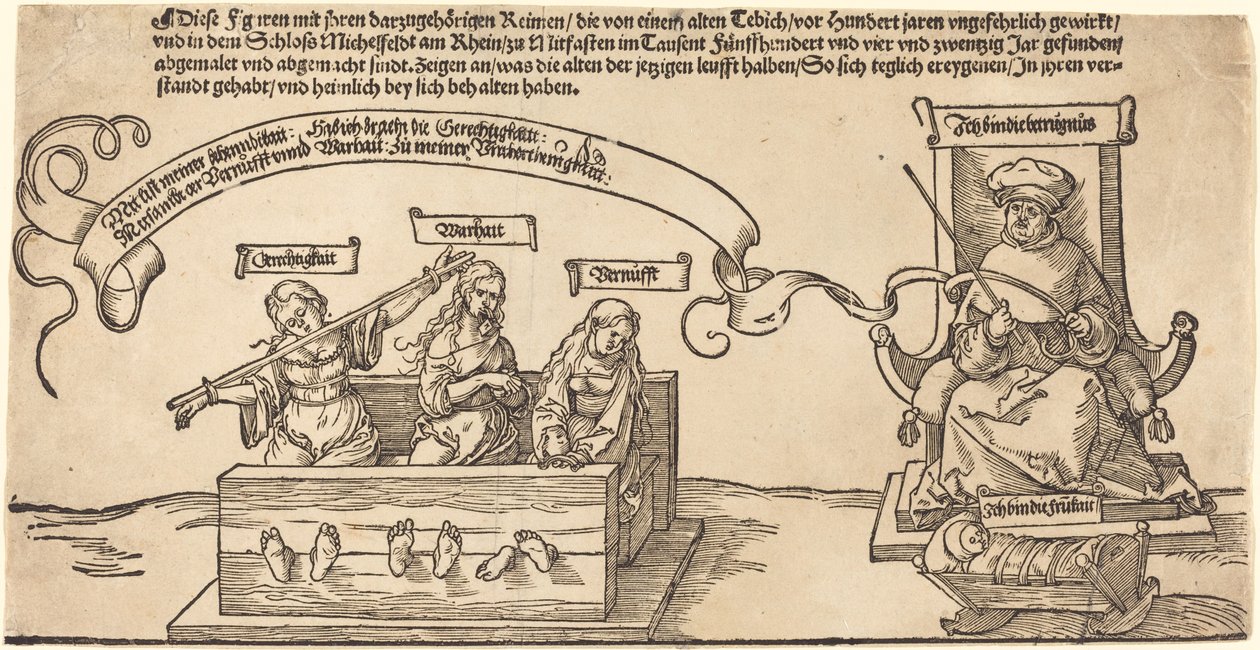 Sprawiedliwość, prawda i rozum w dybach z siedzącym sędzią i śpiącą pobożnością autorstwa Albrecht Dürer