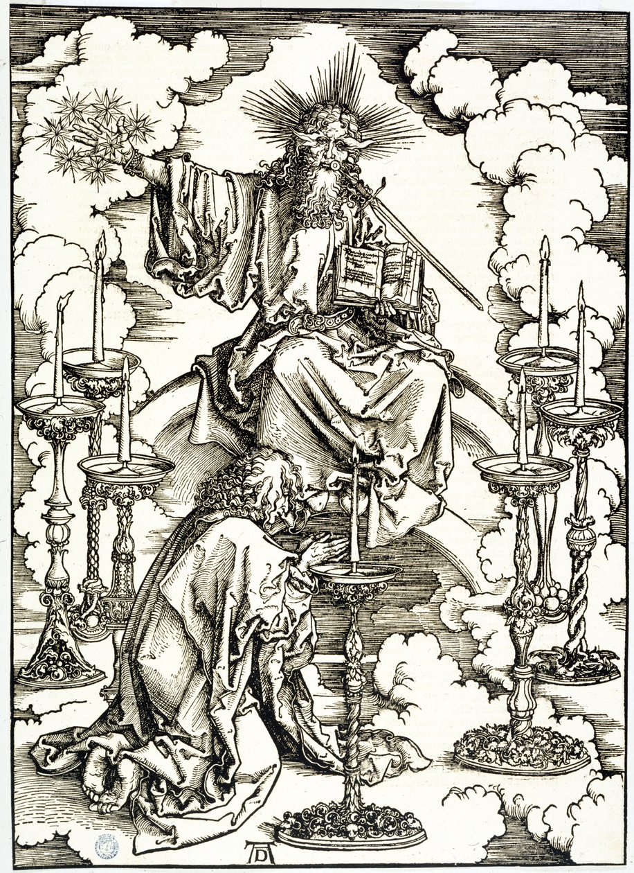 Apokalipsa (wydanie łacińskie): Wizja siedmiu świeczników (Bartsch 62) autorstwa Albrecht Dürer