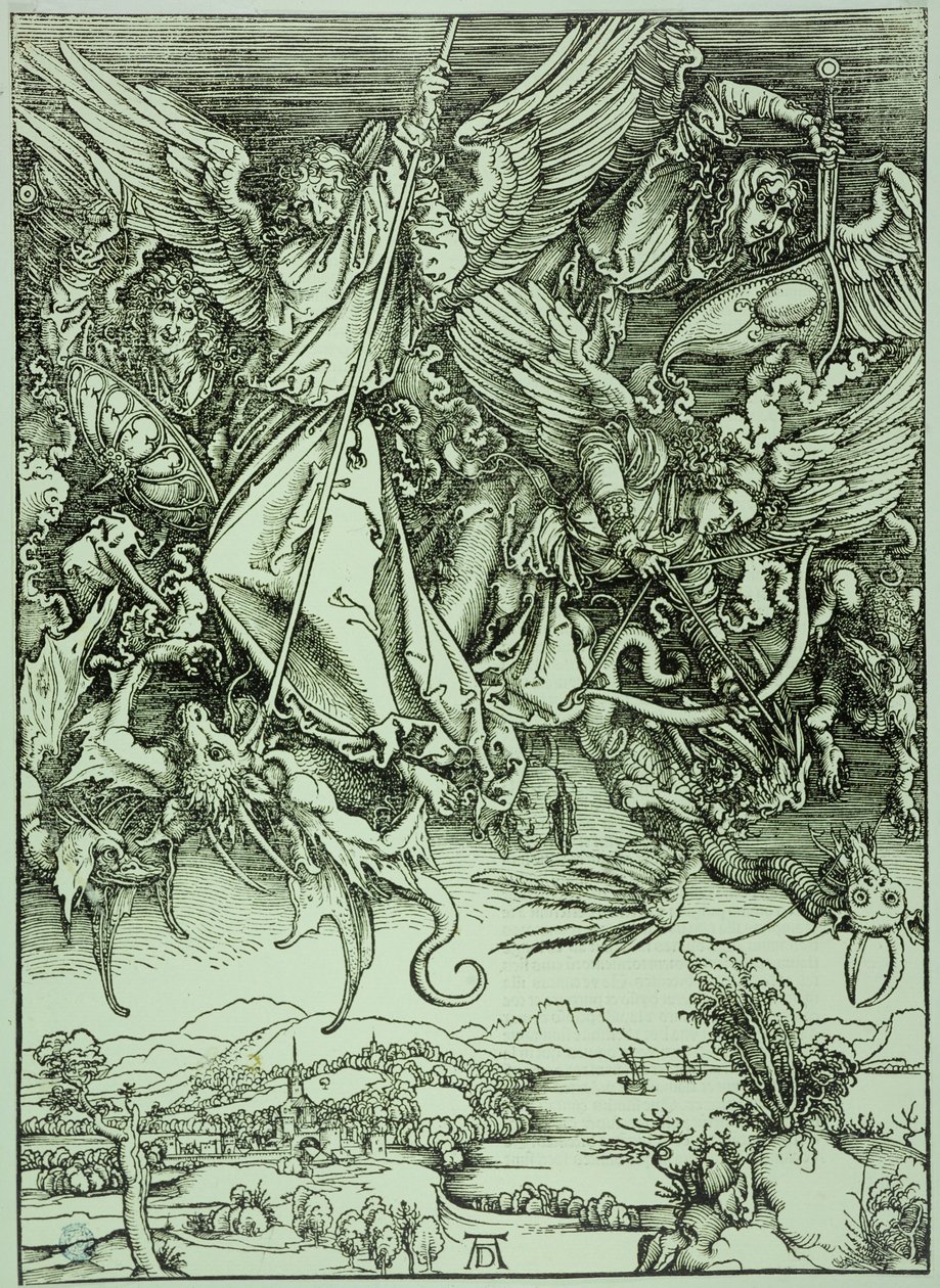 Apokalipsa (wydanie łacińskie): Święty Michał pokonujący smoka (Bartsch 72) autorstwa Albrecht Dürer