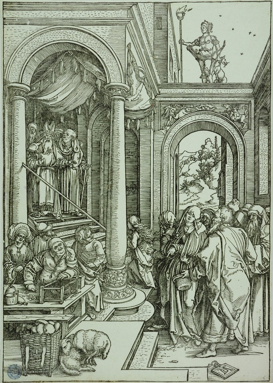 Życie Najświętszej Maryi Panny: Ofiarowanie Najświętszej Maryi Panny w świątyni (Bartsch 81) autorstwa Albrecht Dürer