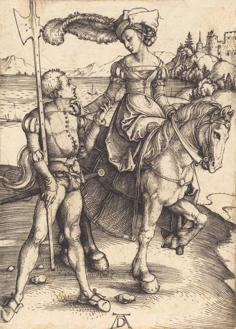 Dama na koniu i Lansquenet, ok. godz. 1497. autorstwa Albrecht Dürer
