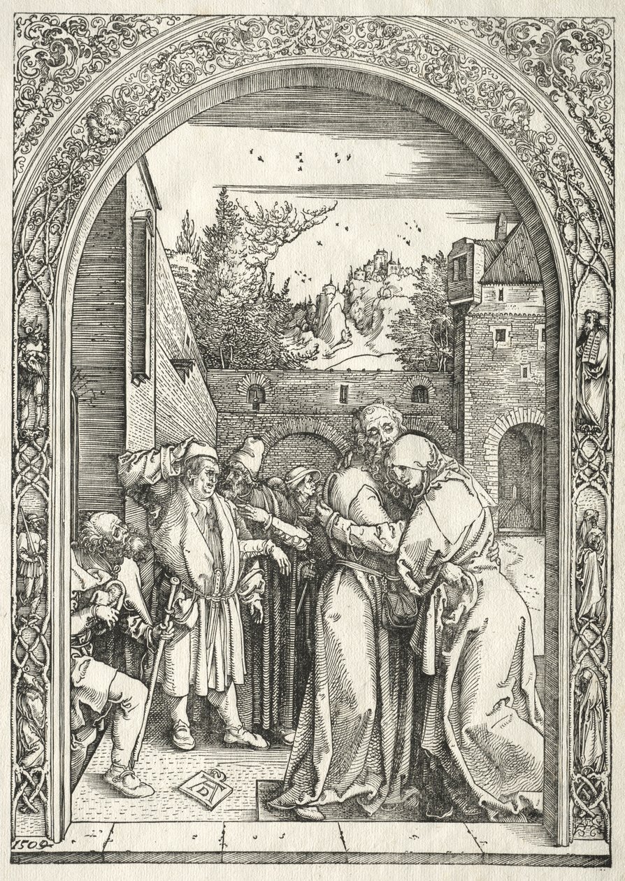 Życie Dziewicy: Joachim i Anna w objęciach pod Złotą Bramą autorstwa Albrecht Dürer
