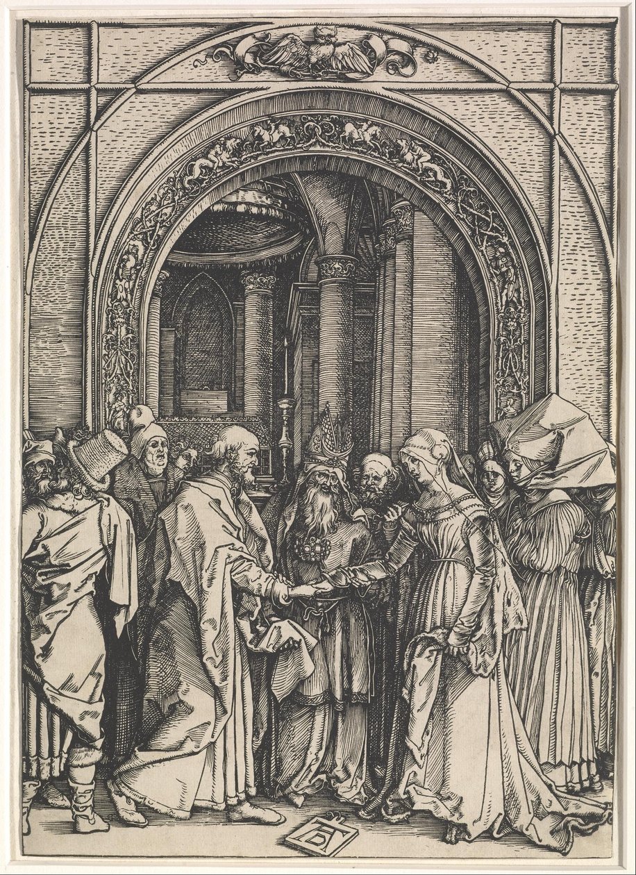 Życie Dziewicy:  Małżeństwo Dziewicy i św. autorstwa Albrecht Dürer
