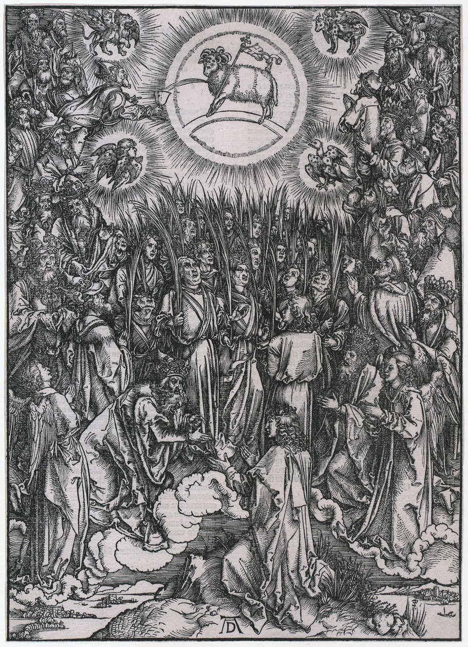 Hymn pochwalny wybranych w niebie / Adoracja Baranka, XII figura, arkusz 14 z cyklu „Apokalipsa” autorstwa Albrecht Dürer